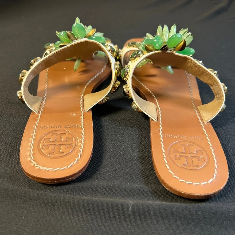 Tory Burch white patent leather green floral gemstone embellished slide sandals